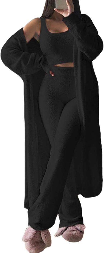 Fixmatti Women's Fuzzy 3 Piece Sweatsuit Open Front Cardigan Crop Tank Tops Wide Legs Pants Lounge Sets (Medium, 1-black)