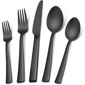 Herogo 20-Piece Matte Black Silverware Set for 4, Stainless Steel Square Flatware Cutlery Set, Tableware Eating Utensils Include Knife Spoon Fork, Satin Finish, Dishwasher Safe