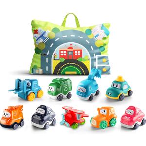 ALASOU 9 PCS Baby Cranes Car Toys with Playmat/Storage Bag|1st Birthday Gifts for Toddler|Baby Toy for 1 2 Year Old Boy|1 2 Year Old Boy Christmas Birthday Gift for Infant|Stocking Stuffers for Kids