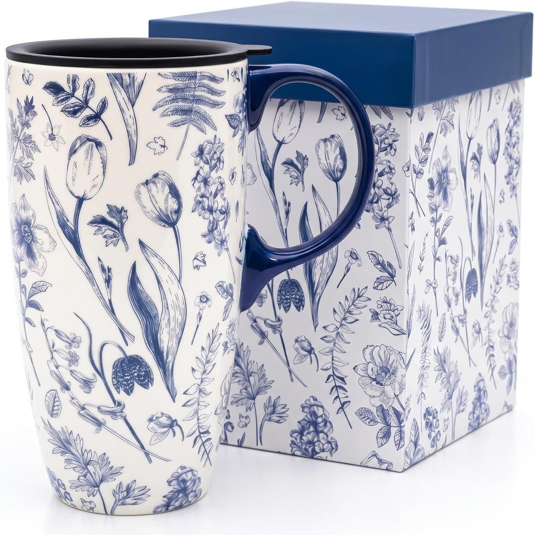 Topadorn 17oz Ceramic Travel Coffee Mug with Sealed Lid Tea Cup with Color Box, Microwave & Dishwasher Safe, Unique Coffee Mug for Latte & Hot Chocolate, Toile de Jouy