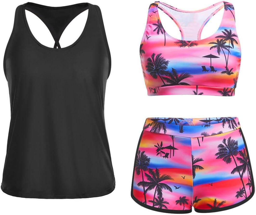 Yonique 3 Piece Athletic Tankini Swimsuits for Women with Shorts Swim Tank Tops with Sports Bra and Boyshorts Bathing Suits XXS