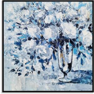 Yihui Arts Hand Painted Framed Blue Flower Canvas Wall Art with Gold Foil