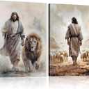 Framed 2Pcs Jesus Canvas wall Art Boho Christian Wall Art Jesus and Lamb Prints Wall Decor Lamb of God Pictures Posters Lion of judah Paintings for Livingroom Bedroom Church Decorations(16“*24”*2Framed)
