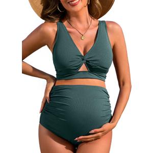 Charmo Maternity Swimsuit Ribbed High Waist Pregnancy Bikini Sets Twist Cutout Front Two Piece Bathing Suit Swimwear XL