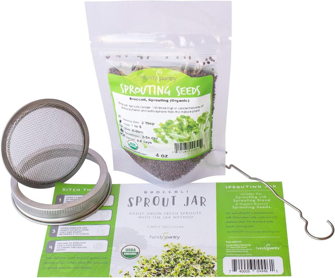 Organic Broccoli Sprout Growing Kit Includes 316 Stainless Steel Lid, Stand, and Non-GMO Seeds by Handy Pantry & Trellis + Co