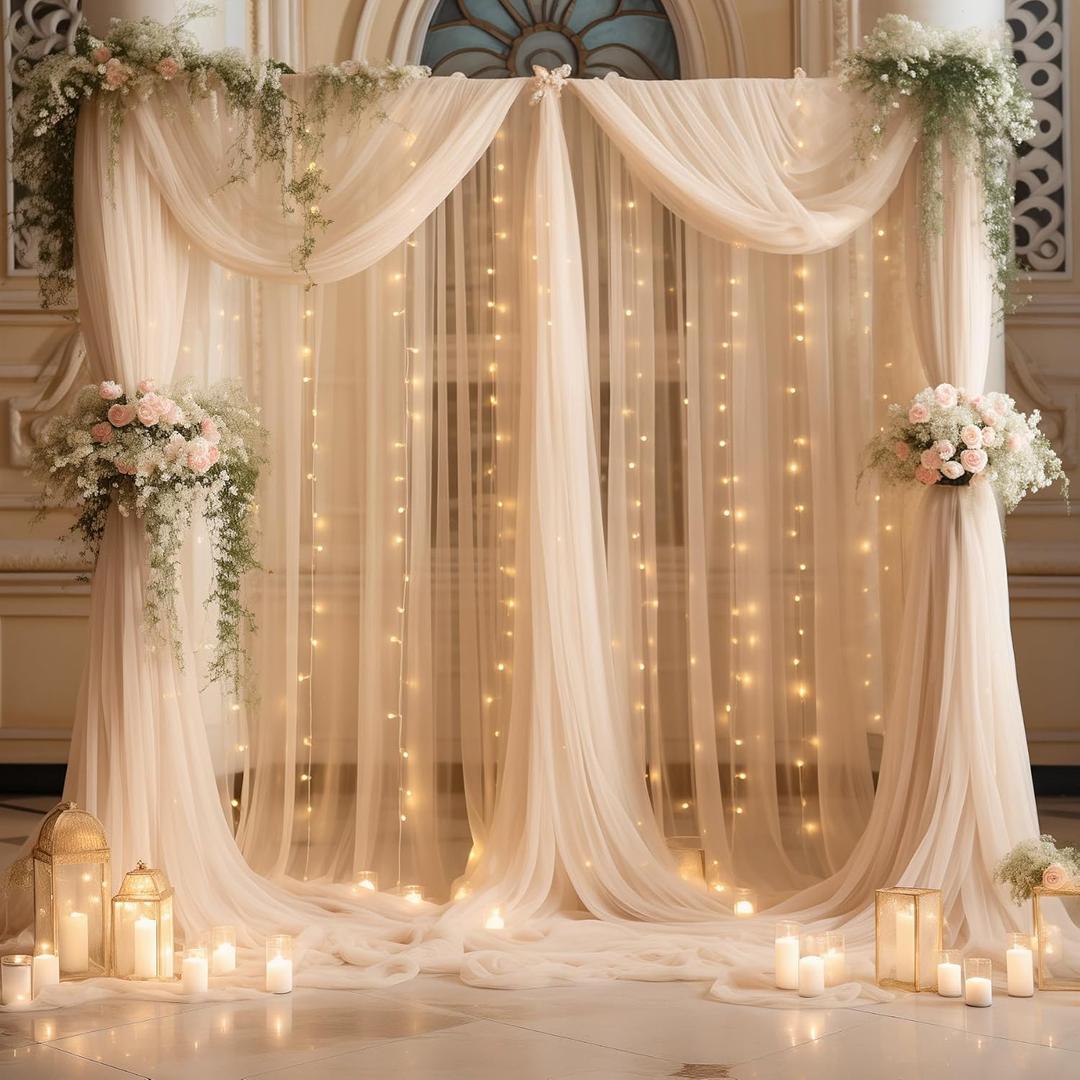 10ft x 10ft Champagne Backdrop Curtain with Lights String for Parties, Sheer Wedding Photo Backdrops Drapes for Baby Shower Birthday Party Decorations Background for Photography (W5' x H10'(2 panels))