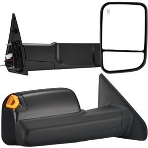 Tow Mirrors Compatible with 2002-2008 Dodge Ram 1500, 2003-2009 2500 3500, Smoked LED Turn Signal, Flip Up Extended Trailer Towing Side Mirrors, Power Heated Adjustable, Black Housing