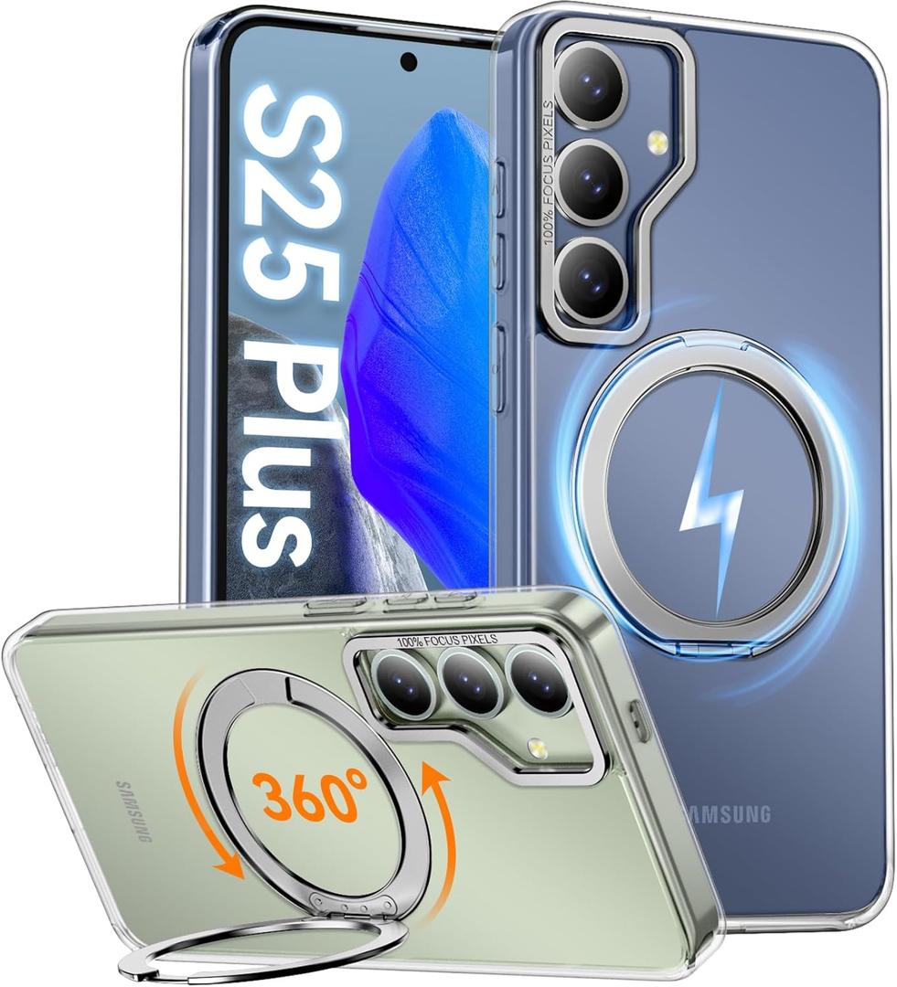 Oneagle 360 Spin Magnetic Stand for Samsung Galaxy S25 Plus Case Clear [Fit for Magsafe],[30X Anti-Yellowing] S25 Plus+ Phone Case 6.7" with [Rotatable Kickstand Ring][15FT Military Grade Protection]