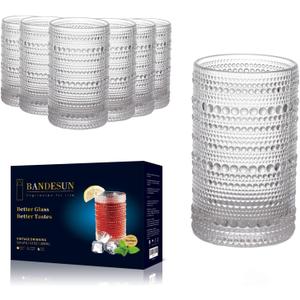 Bandesun Romantic Highball Glasses Set of 6, 12 oz Hobnail Glassware, Embossed Vintage Drinking Glasses for Beer, Cocktail, Soda, Beverage