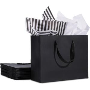 Plauthus 12 Pack Black Gift Bags with Ribbon Handles, Medium Size with Tissue Paper, Black Paper Bags for Shopping, Small Business, Bridal Party, Wedding, Christmas and Holiday (10.6' x3.1' x8.3')