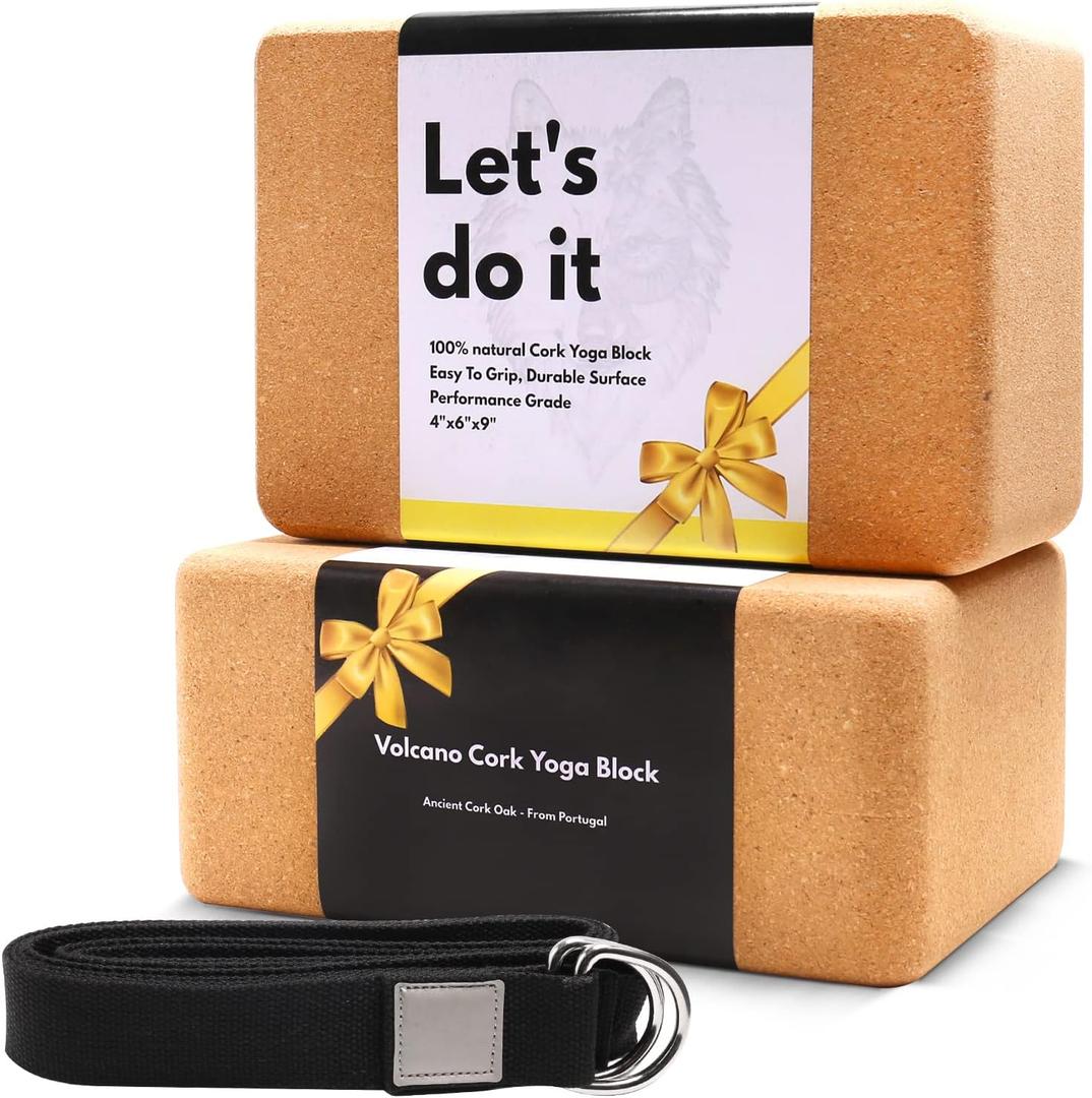 Cork Yoga Blocks 2 Pack Set -Natural Cork from Portugal, 9"x6"x4" Yoga Blocks Non-Slip&Anti-Tilt for Women| Men, Lightweight, Odor-Resistant| Moisture-Proof, Perfect Yoga Equipment