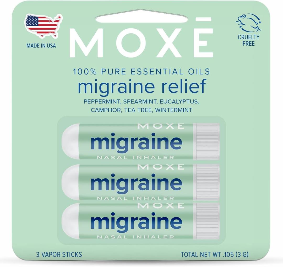 MOXE Migraine Relief Nasal Inhalers, Essential Oils for Headaches & Tension Relief, Portable Aromatherapy, Easy-to-Use, Pure & Undiluted, Peppermint, Spearmint, Eucalyptus, Tea Tree, USA Made, 3 Pack