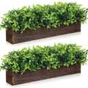 Lyrow 2 Pack 24 '' Artificial Eucalyptus Plants in Rectangular Rustic Wooden Planter Box Faux Potted Herb Plant Greenery Centerpiece for Cabinet Windowsill Table Shelf Wedding Decor (Brown)