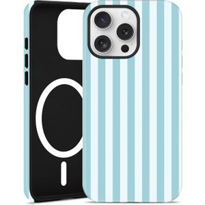 Compatible with MagSafe Striped Phone Case for iPhone 13/14, Cute Aesthetic Magnetic Soft TPU and Hard PC Protective Phone Cover for Women Girls (Matte) - Blue and White