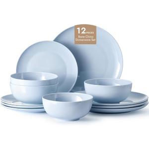 KINGSTONE 12-Piece Bone China Dinnerware Set for 4, Lightweight Porcelain Round Plates and Bowls Set, Durable Scratch Resistant Ceramic Dinner Set, Microwave & Dishwasher Safe, Misty Blue