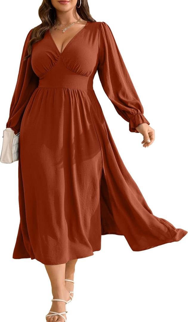 RWJ Plus Size Wedding Guest Dress for Women Deep V Neck Long Sleeve High Waist Slit Formal Cocktail Party Fall Maxi Dresses (Brown)
