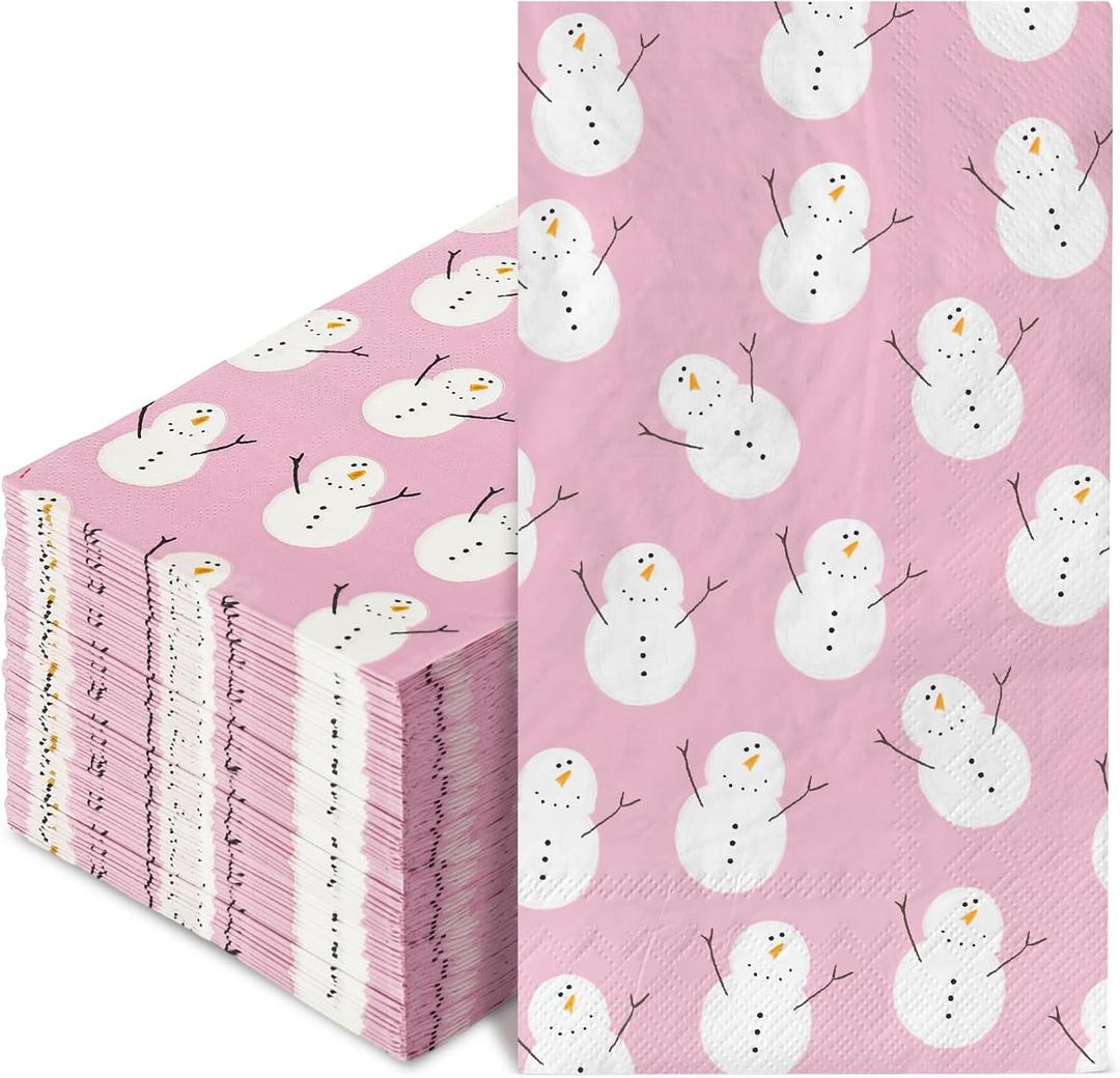 2 x 80Pcs Pink Christmas Guest Napkins Winter Snowman Disposable Paper Napkin Cute Xmas Holiday Party Decorative Dinner Hand Napkin Towel for Wedding Birthday Party Supplies, 13 x 15.7 inch