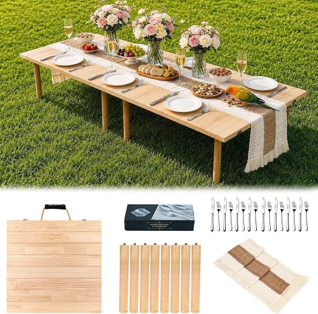 60" x 30" Boho Low Wooden Folding Picnic Table with Table Runner, Portable Boho Picnic Table for Indoor Outdoor Use, Camping, Beach, Garden, Wedding & Party (8 Steak Knives & Forks Included)