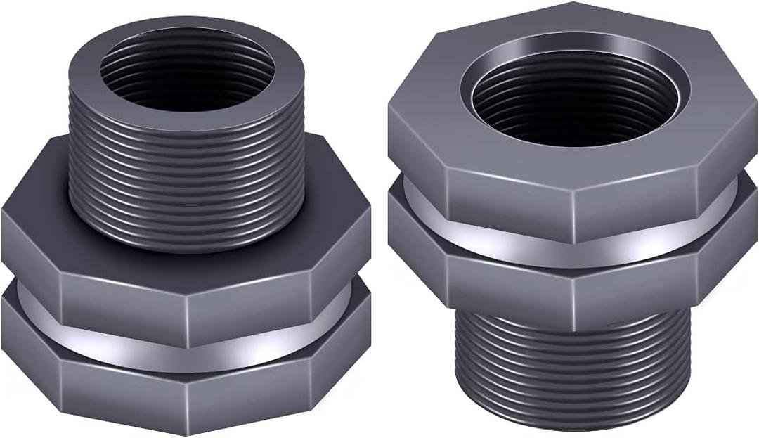 2PCS PVC Bulkhead Fitting 3/4 Inch,Water Tank Connector Adapter,Thru-Bulk Pipe Fitting for Rain Barrels, Aquariums,Water Tanks,Pools(Grey) H-007-2