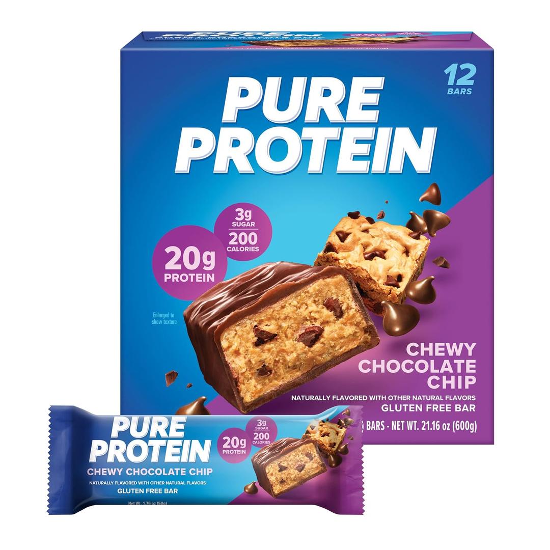 Pure Protein Chewy Chocolate Chip Protein Bars 20g Protein, 3g Sugar, 190 Calories (12 count) Low Sugar* High Protein Snack - Gluten Free - Perfect for a Healthy Snack (EXP 04/21/27)