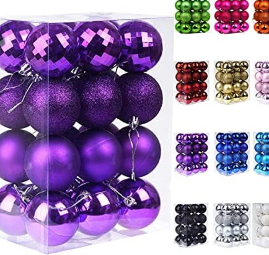 Emopeak 24Pcs Christmas Balls Ornaments for Xmas Christmas Tree  4 Style Shatterproof Christmas Tree Decorations Hanging Ball for Holiday Wedding Party Decoration (Purple, 1.6"/4.2CM), 2 Pack