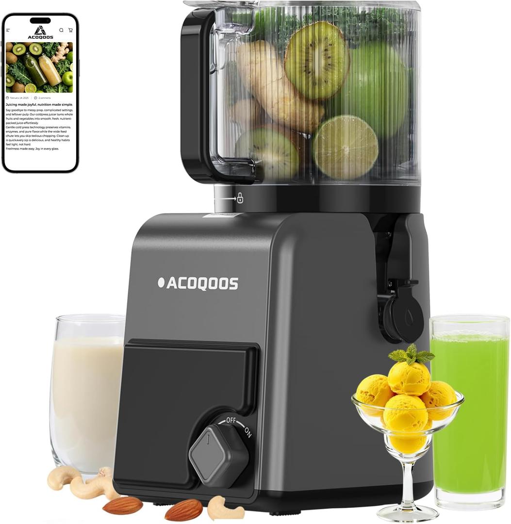 ACOQOOS Juicer Machines, 6.5" Extra Large Feed Chute Cold Press Juicer 3-IN-1 with Sorbet & Nut Milk, BPA Free, Easy to Clean, 100 OZ Hopper, Graphite Gray