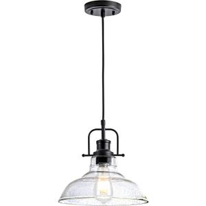 Zlepmlla Glass Pendant LightBlack Pendant Light Fixtures with Seeded Glass Shade, Adjustable Height Hanging Lights for Hallway, Kitchen Island, Dinning Room Bulb not Included
