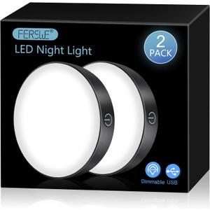 Ferswe Rechargeable Tap Light 6000K, Dimmable Touch Light with 1000mAh Large BatteryBrightness Adjustable, Stick on Lights for Closet, Cabinet, Counter, Kitchen, Bedroom and Wall(2 Pack) (Cool White, Black)