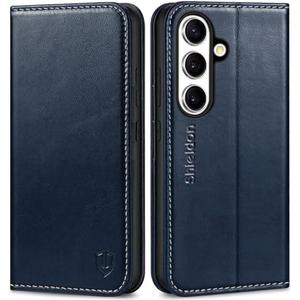 SHIELDON Case for Galaxy S25 5G 6.2", Genuine Leather Wallet Flip Book RFID Blocking Card Holder Kickstand Shock Absorbing Protection Case Compatible with Galaxy S25 2025 - Retro Dark Blue