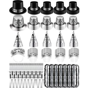 Cuffbow 300 Pcs 2026 New Years Eve Party Supplies Include Happy New Year Cone Hat Headband Tiara Metallic Fringed Party Blowers Noise Makers Horns Leis Hair Hoop Favors Decorations (Black Silver)