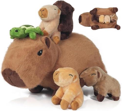 Youthfuljive 5 in 1 Capybara Plush Large Capybara Stuffed Animal with Babies, 14.2" Mommy Stuffed Capybara Plushies Pillow with 4 Baby Capibaras Peluches Capybara Toys for Kids Birthday Decor