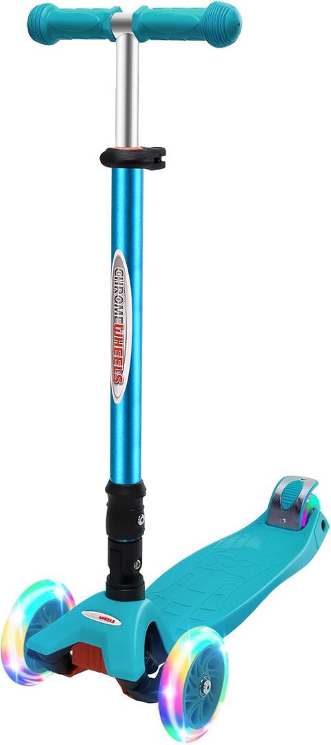 ChromeWheels Mini Scooter for Toddlers, Deluxe 3-Wheeled Scooters for Kids, 4 Adjustable Height Glider with Kick Scooters, Lean-to-Steer with LED Light-Up Wheels for Ages 3-6 Girls Boys (Aqua)