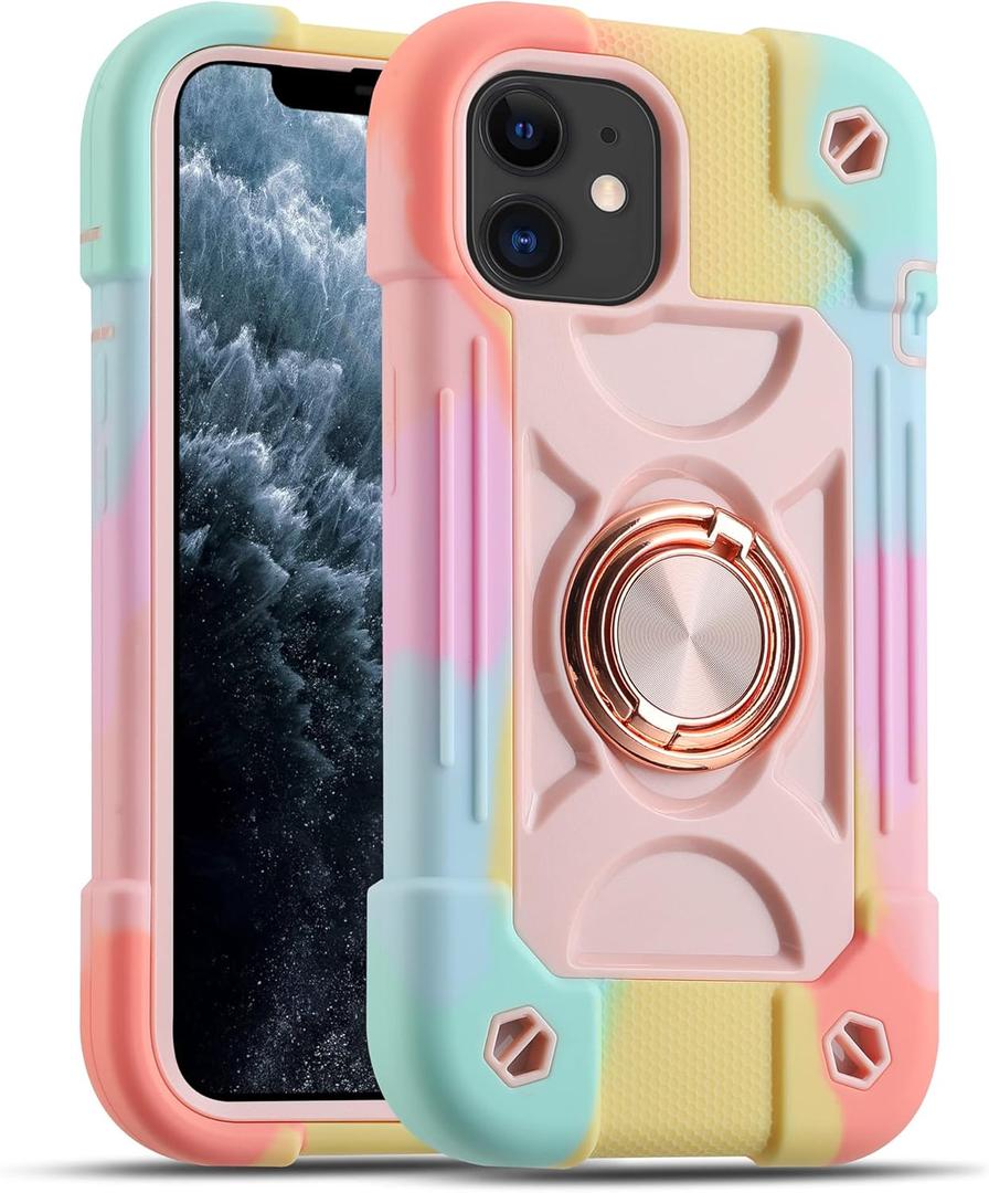 MARKILL Compatible with iPhone 11 Case 6.1 Inch for Girls with 360Rotate Ring Stand, Military Grade Drop Protection Full Body Cute Case for iPhone 11 (Rainbow Pink)