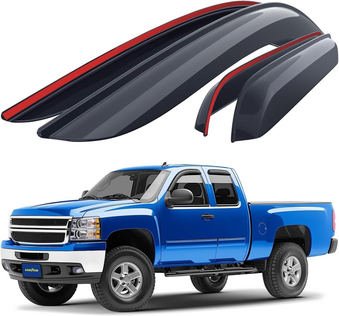 Goodyear Shatterproof Window Deflectors for Trucks Chevrolet Silverado/GMC Sierra 2007-2013 Extended Cab, Tape-on Rain Guards, Window Visors, Vent Deflector Visor, Truck Accessories, 4pcs-GY003256LP