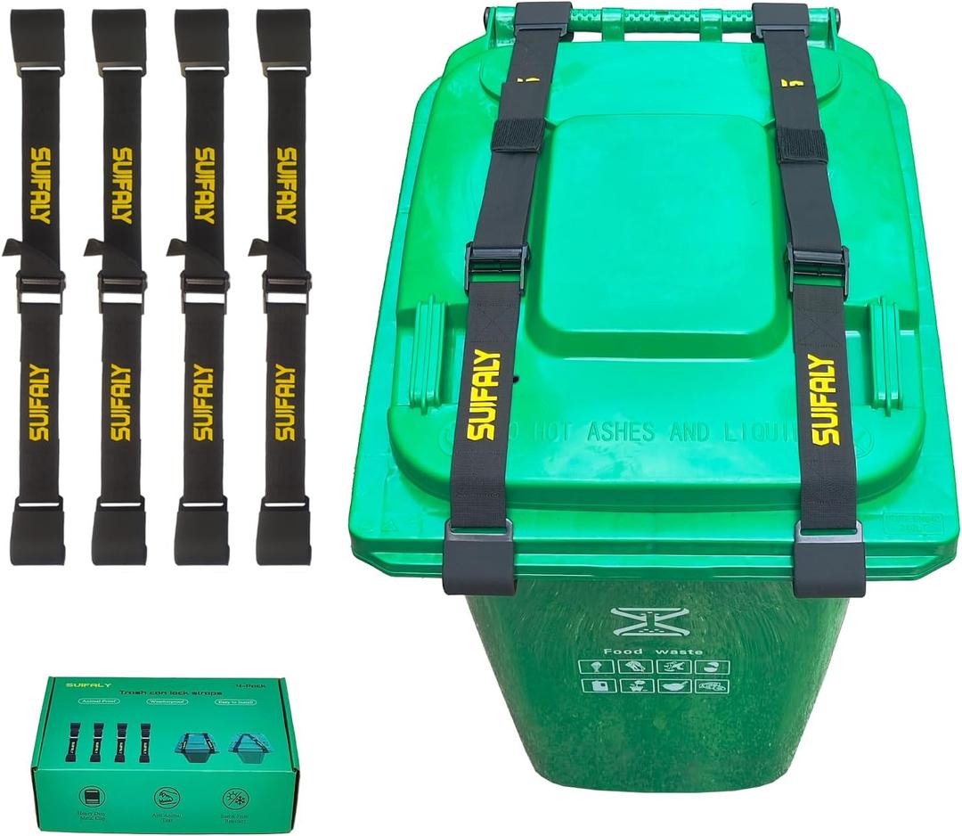 Trash Can Locks with Self-Locking Buckle Heavy Duty Adjustable Bear Proof Lid Straps for 28-96 Gallon Bins, Animal-Proof Garbage Can Lock for Raccoons, Squirrels, Wildlife (4)