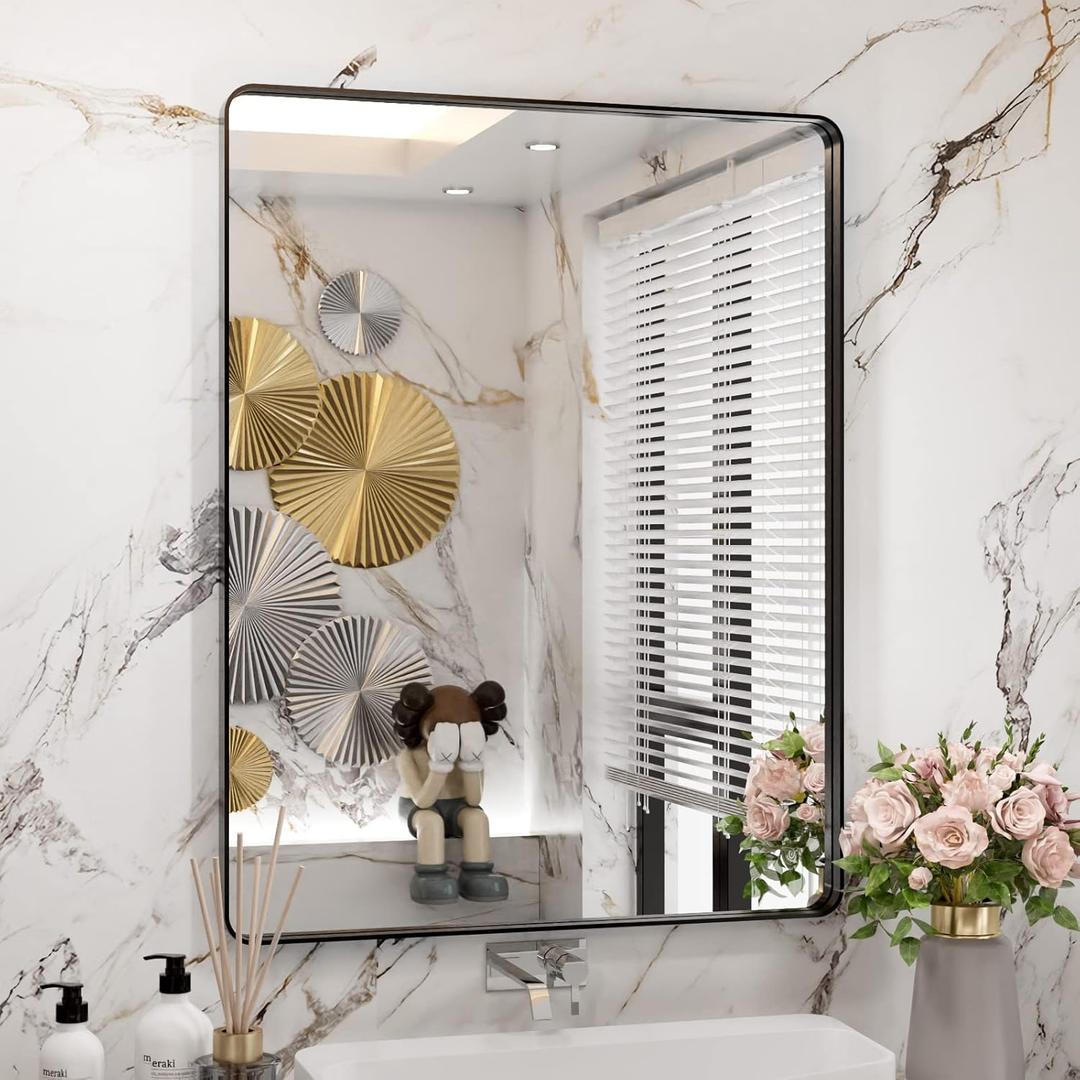WEER Black Bathroom Mirror for Wall 28X36 Inch, Rectangular Black Metal Framed Vanity Mirror, Farmhouse Bathroom Mirror with Tempered Glass, Rounded Corner, Anti-Rust (Horizontal/Vertical) (28"L x 36"W)