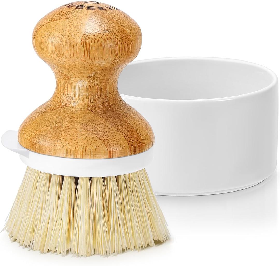 SUBEKYU Bamboo Dish Brush, Kitchen Dish Scrubber Brush with Soap Dispenser, Natural Wooden Dishwashing Brush for Cleaning Dishes/Pans/Pots, Built-in Scraper, Sisal Bristles,1 Set