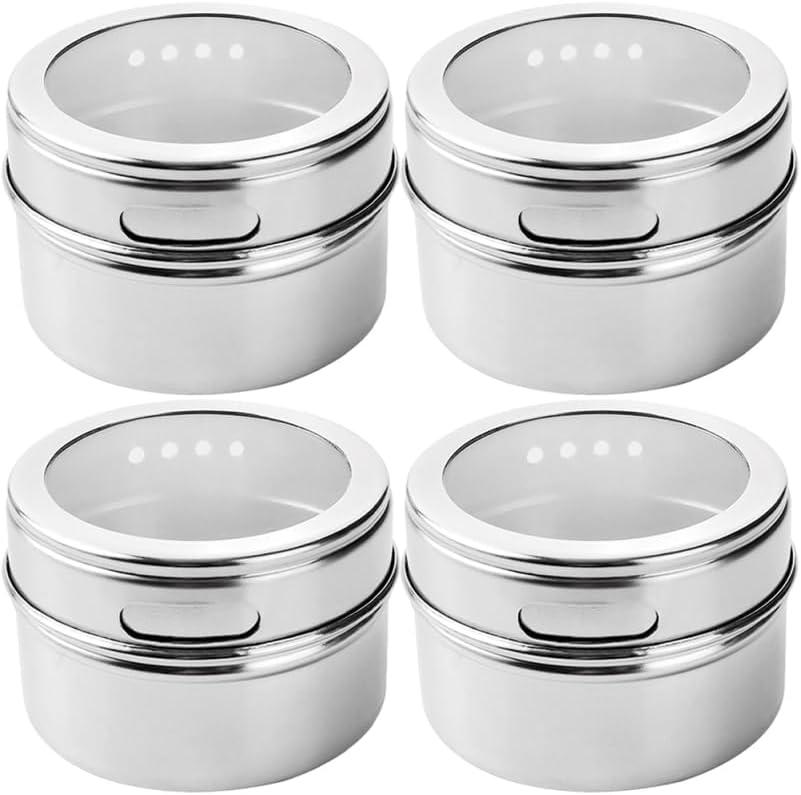 Stainless Steel Seasoning Jar Set 4Pcs Magnetic Kitchen Spice Containers Salt Pepper Shakers with Transparent Lid for Easy Viewing
