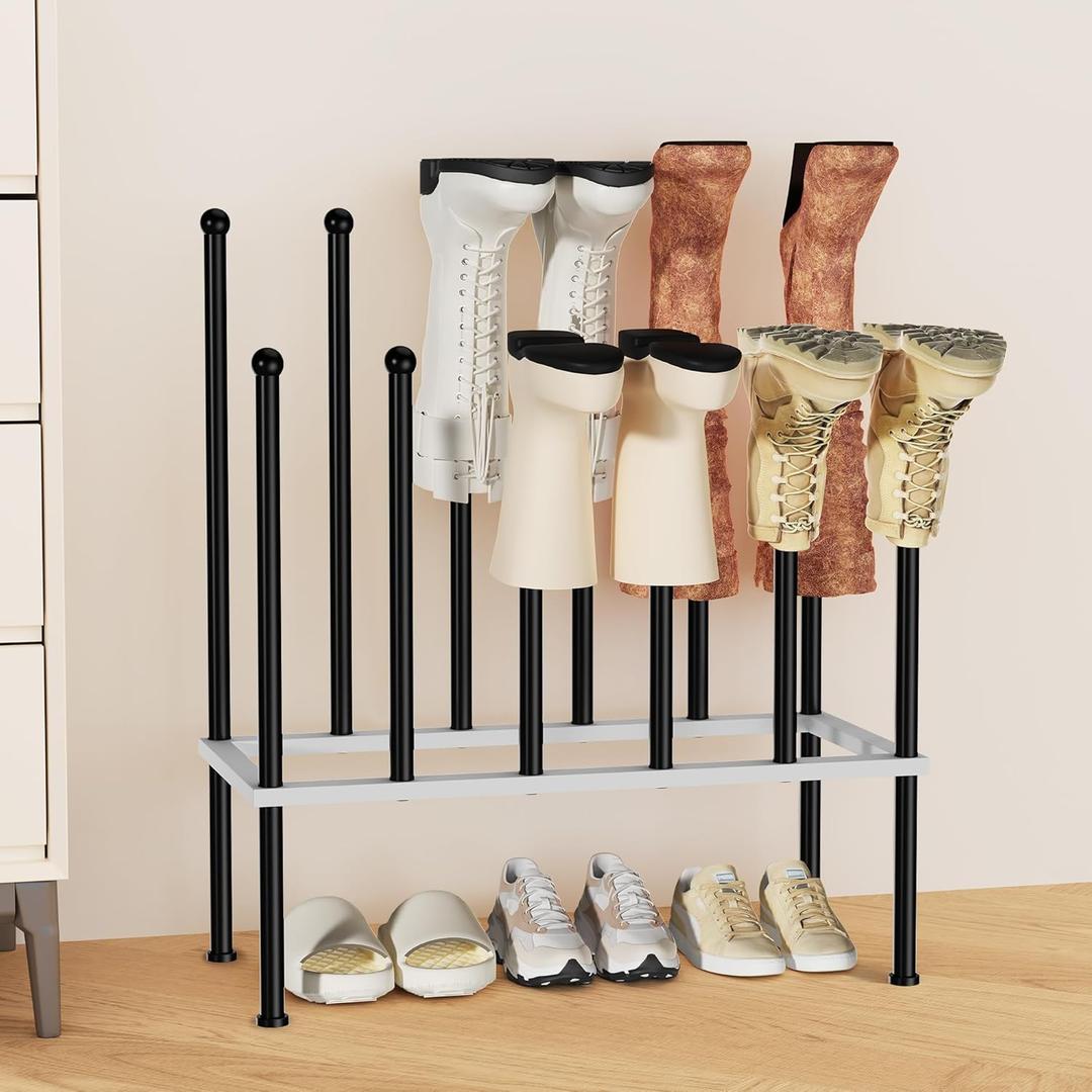 PLKOW Boot Rack Organizer, Metal Free Standing Shoe Racks for Tall Boots, 2 Tier Boot Holder Fits for 6 Pairs, Boot Storage Organizer for Entryway, Garden, Outdoor, Bedroom (White+ black)
