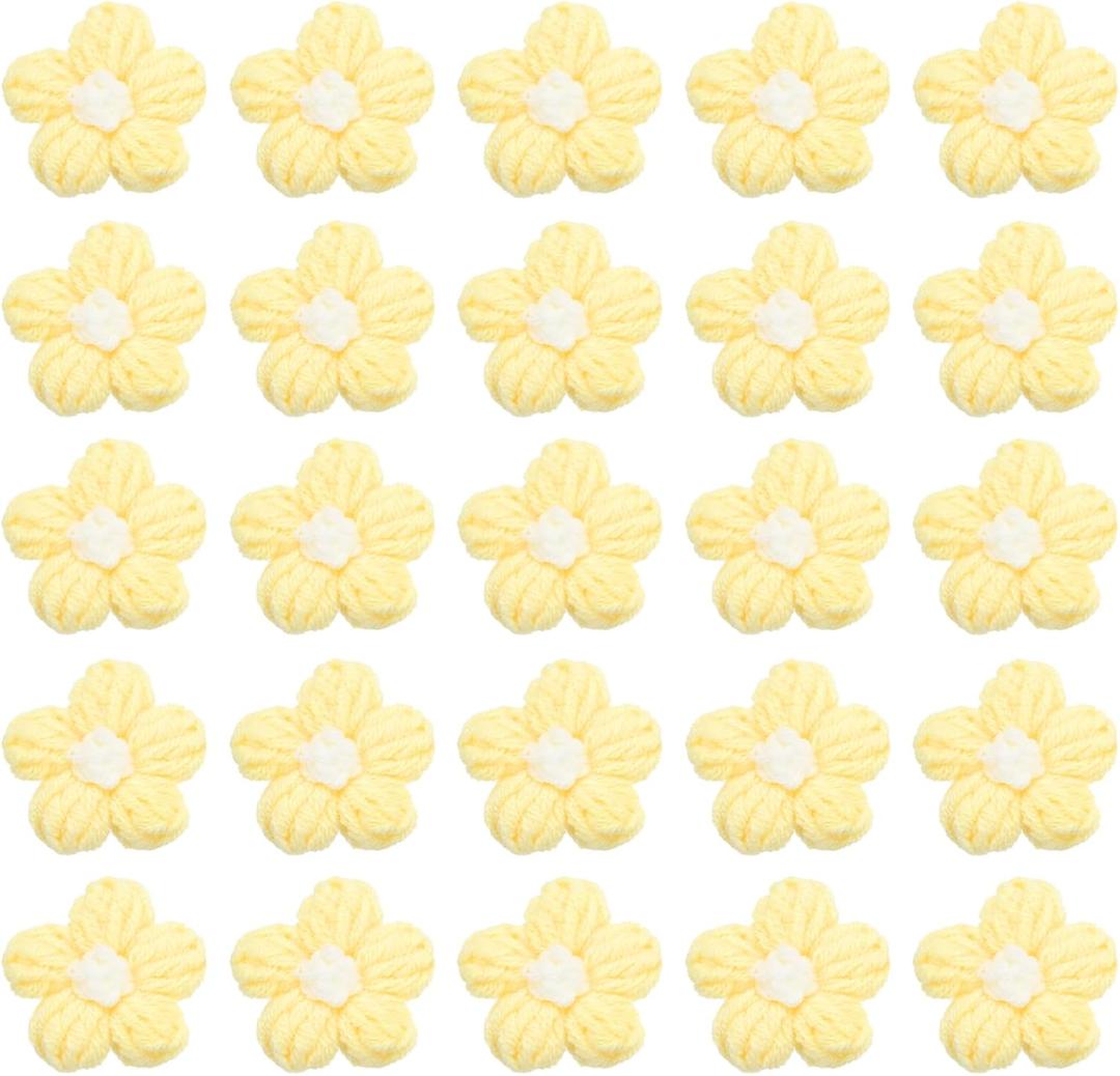 PATIKIL Crochet Flowers, 50 Pcs Applique Flowers for Craft Sewing Crochet Flowers Appliques Embellishments for DIY Hair Clothes Party Craft Decor, Light Yellow/Cream White