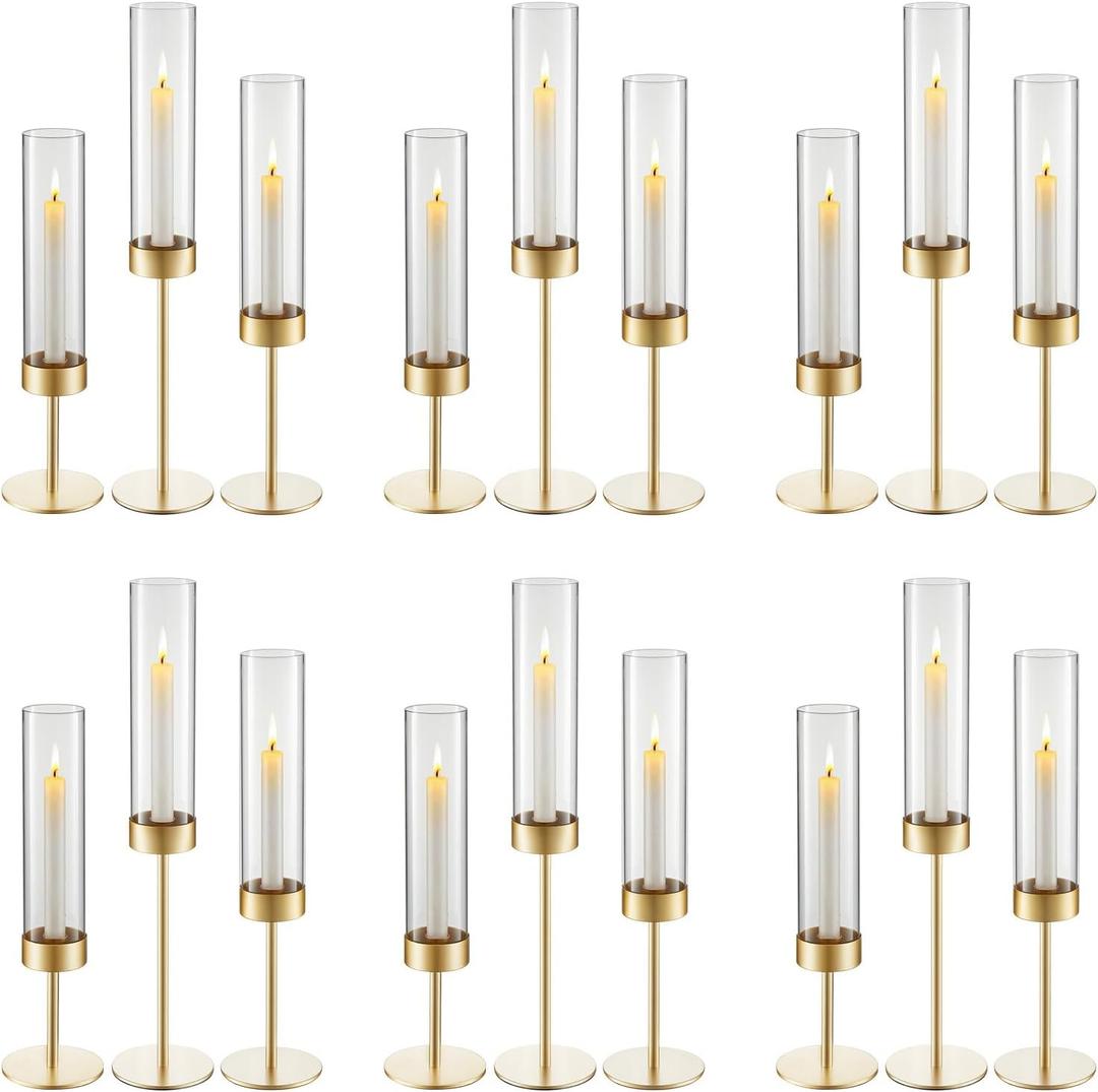 VEVOR Hurricane Candle Holders Set of 18, Gold Metal Stand with Clear Glass Cylinders, Elegant Tiered Centerpieces Wind Protection for Wedding, Table Centerpieces, Party, Home Decor, Modern Style