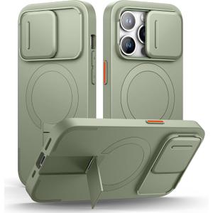 SURITCH for iPhone 14 Pro Case with Magnetic Camera Slide Cover and Adjustable Kickstand, Compatible with MagSafe, Shockproof Bumper Case Slim Protective Cover for iPhone 14 Pro 6.1 Inch, Green