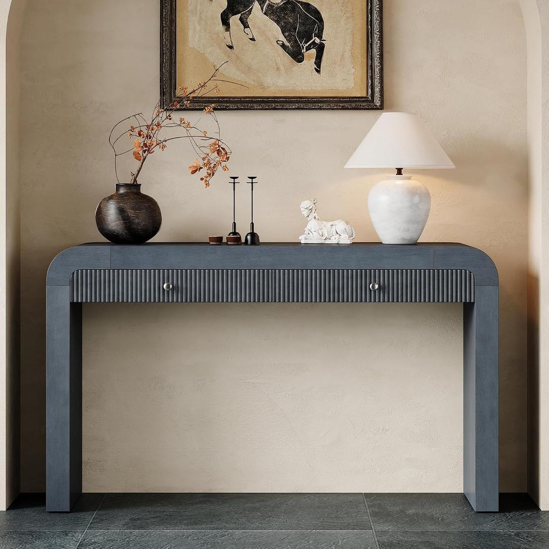 Merax Rustic Console Table with Fluted Drawer Front, Entryway Table with Curved Corners & Thick Legs, Sturdy Sofa Table for Hallway & Living Room, Dark Navy, 54.3" Length