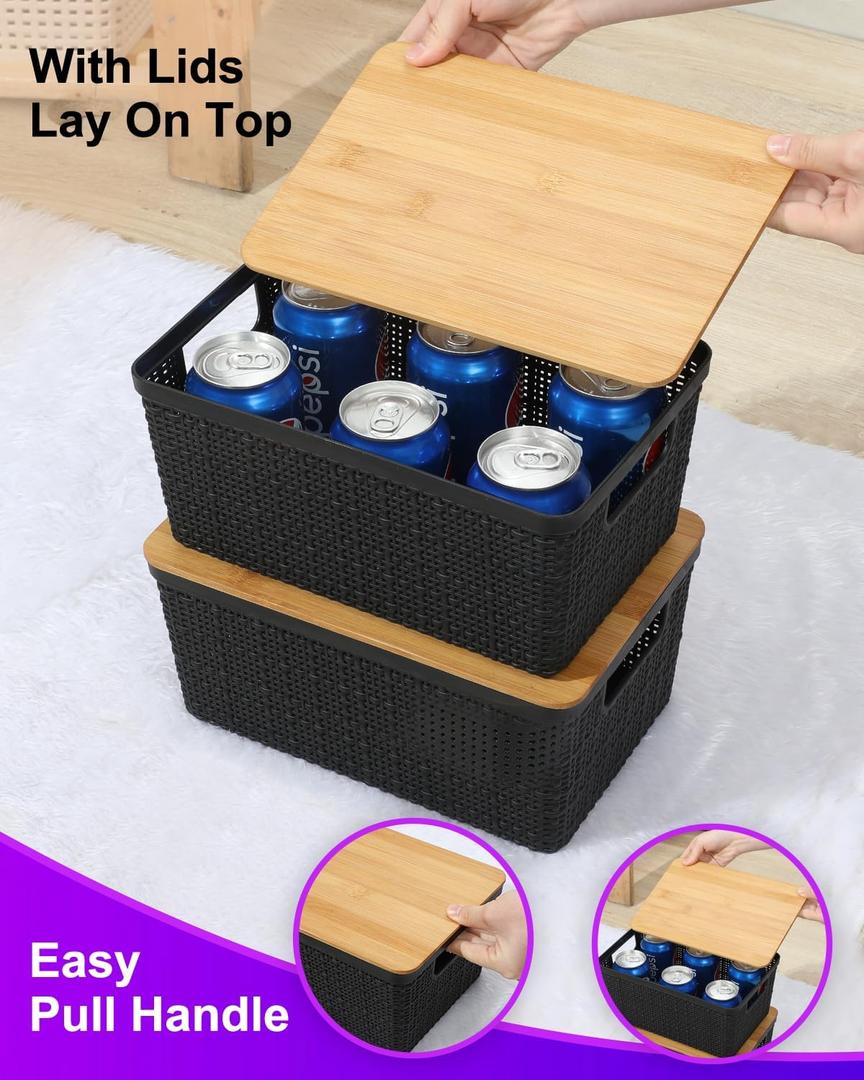 Storage Bins with Lids 2 Packs, Plastic Storage Baskets with Bamboo Lids-Stackable Storage Containers for Shelves Drawers Desktop Closet Pantry Playroom Classroom Office, Black