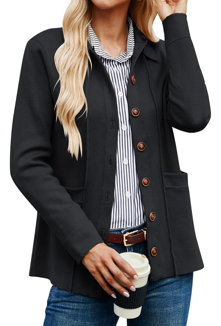 GRACE KARIN Women Casual Cardigan Knit Button Down Shirts Long Sleeve Shacket Jacket with Pockets Size M