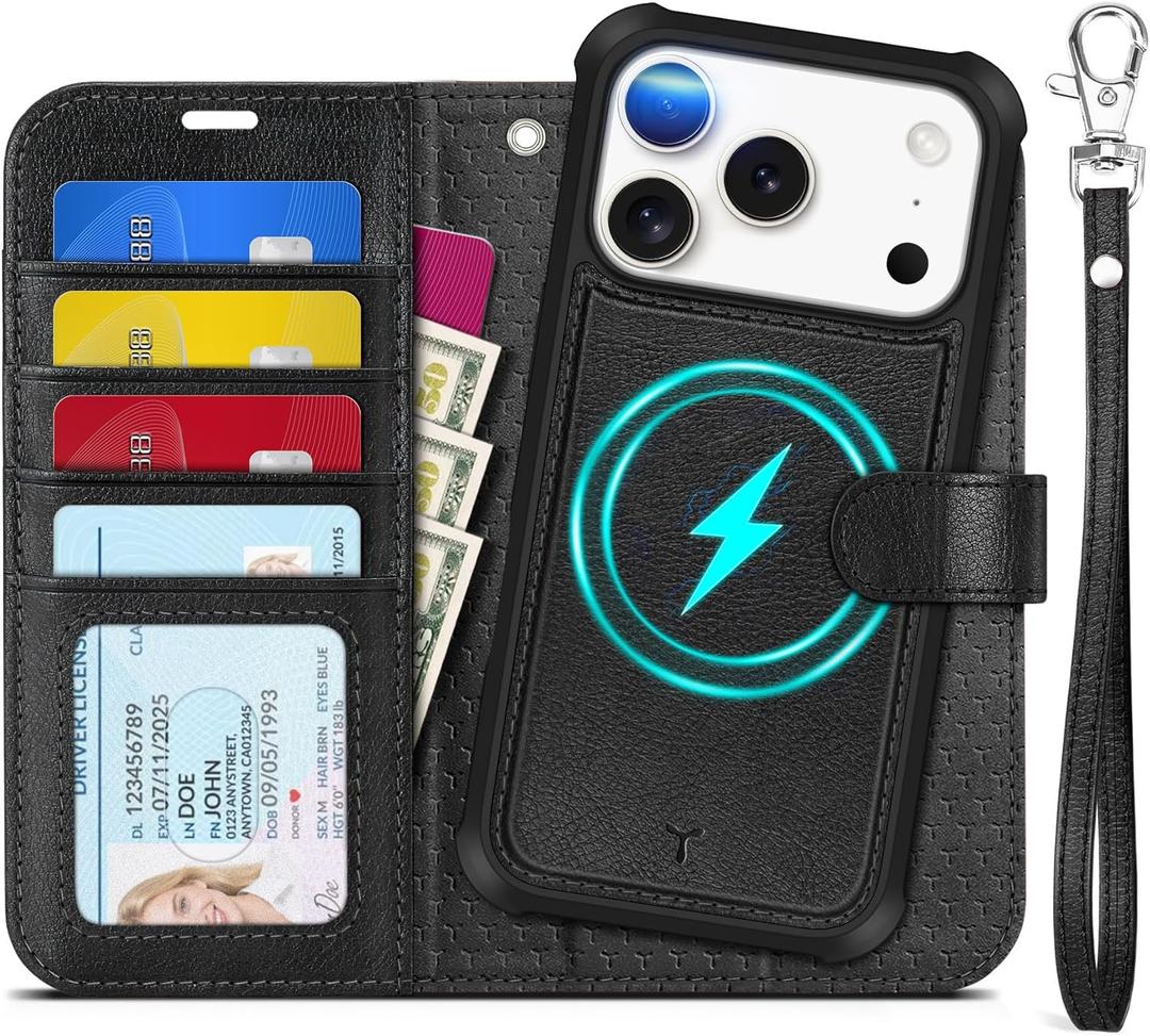TUCCH Detachable Case Wallet for iPhone 17 Pro (6.3") 2025, Removable Wrist Strap, Wireless Charging, Stand, 4 Card Slots RFID Blocking, 2-in-1 Magnetic, PU Leather, Shockproof Cover, Textured Black