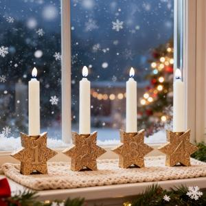 WDS WONDROUS Christmas Candle Holders Snowflake  Set of 4 Gold Star Candlestick Holder Hexagon, Taper Candle Holders for Christmas Table Centerpieces, Xmas Home Decor