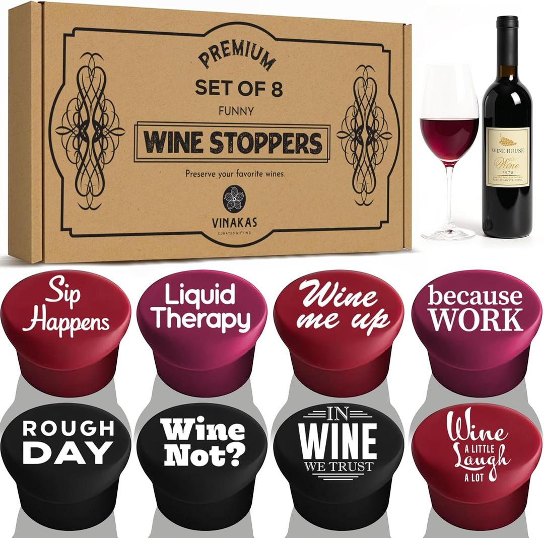 Funny Silicone Wine Stopper Set of 8  Must-Have Wine Accessories & Perfect Wine Gifts for Women & Men  Airtight & Reusable