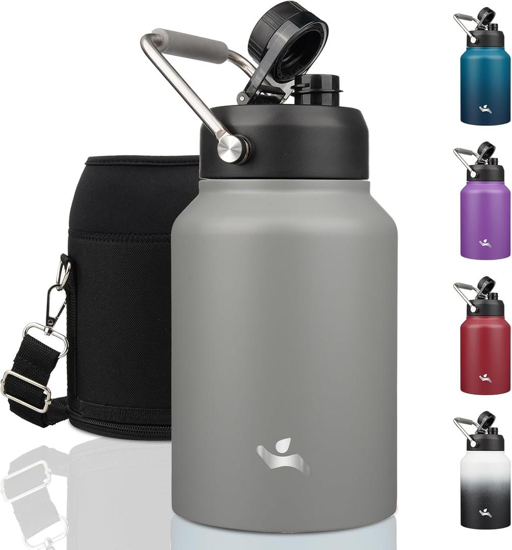 Half Gallon Jug with Handle,64 oz Insulated Water Bottle with Carrying Pouch, Double Wall Vacuum Stainless Steel Metal Bottle, Gray