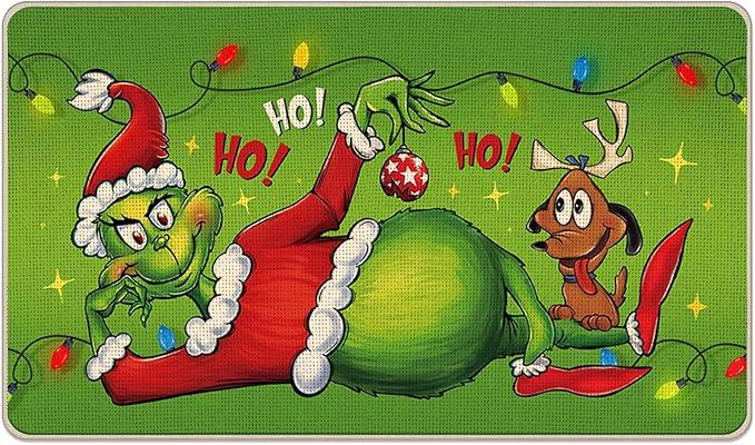Pycat Green Christmas Decorative Front Door Mat, Xmas Max Dog Hohoho Doormat Indoor Outdoor Non-Slip Floor Entryway Rug, Funny Holiday Home Kitchen Decoration 17x29 Inch